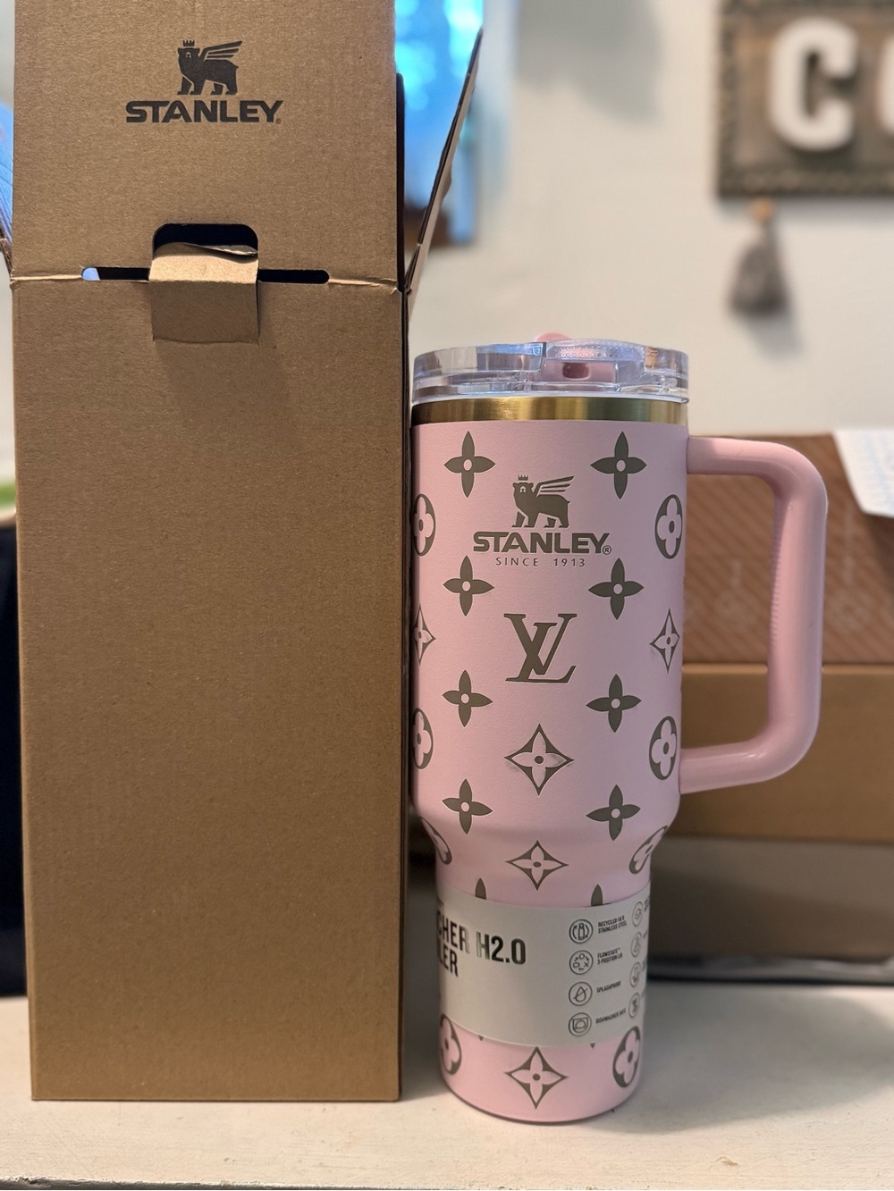 Brand new Stanley Pink Travel Mug with Gold Monogram Accents - Picture 3 of 3